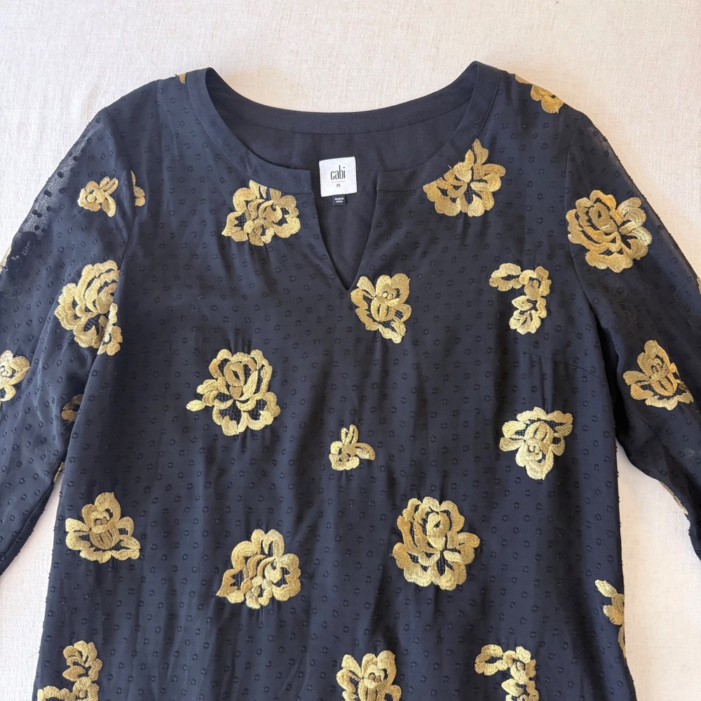 Cabi Dress Womens Medium Black Gold Floral Embroidered Shift Mini - Picture 7 of 10